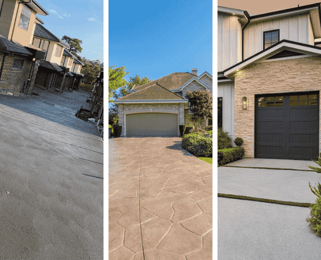 Premium concrete driveway installation in Melbourne, featuring exposed aggregate, stamped, and plain concrete finishes.