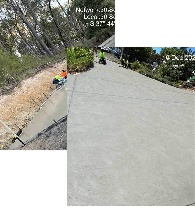 Professional concreters in Melbourne working on a smooth concrete driveway and a reinforced sloped concrete path. High-quality finish for durability and stability.